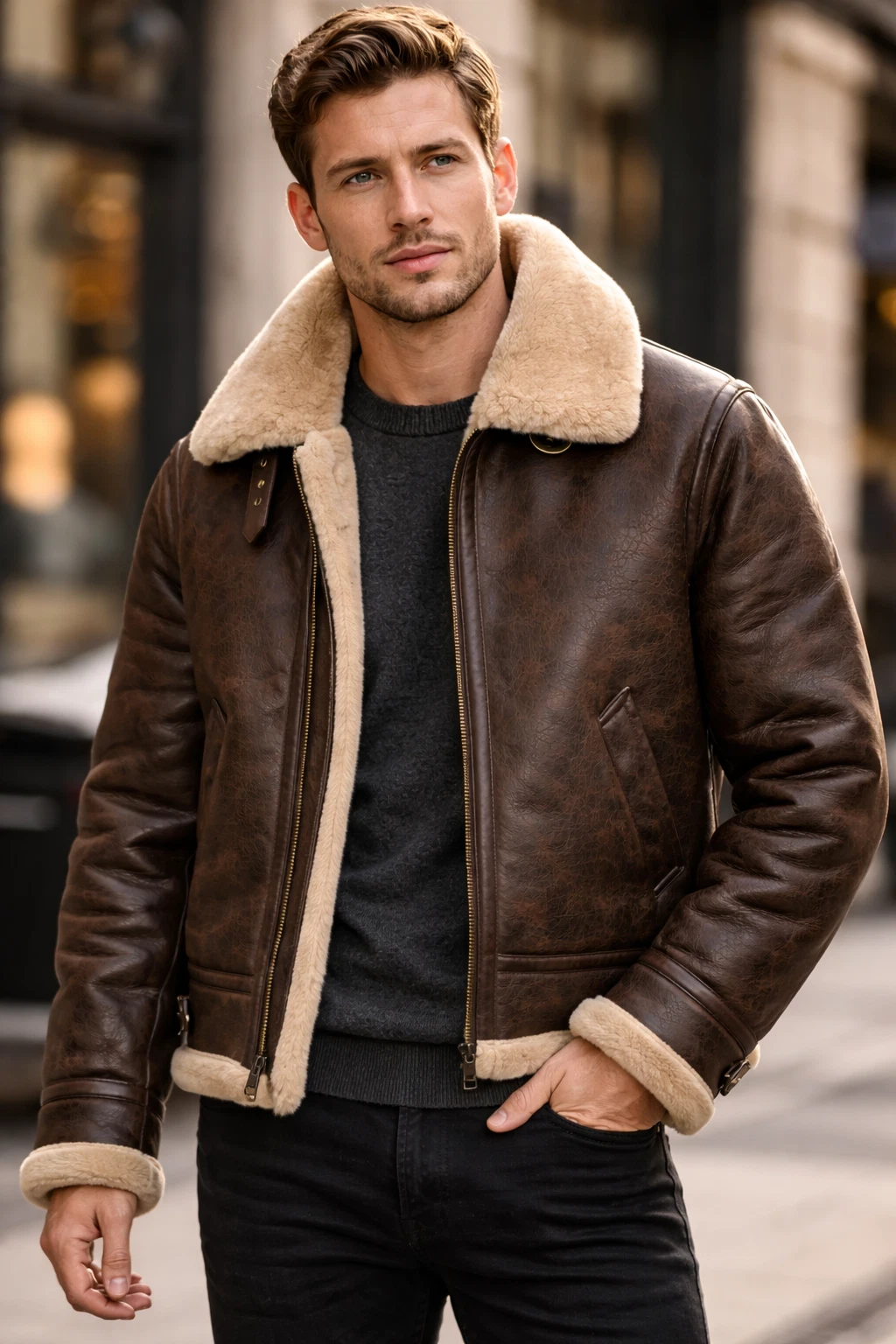 Mens Genuine Brown Shearling Leather Bomber Jacket Real Sheepskin Faux Fur Coat
