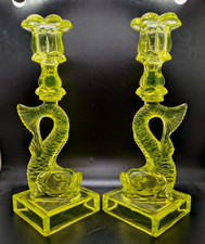 2pc Antique Yellow Pressed Glass Figural Fish Candlesticks 10-1/2''