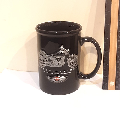 HARLEY DAVIDSON EMBOSSED 100 YEARS OF GREAT MOTORCYCLES CERAMIC COFFEE CUP