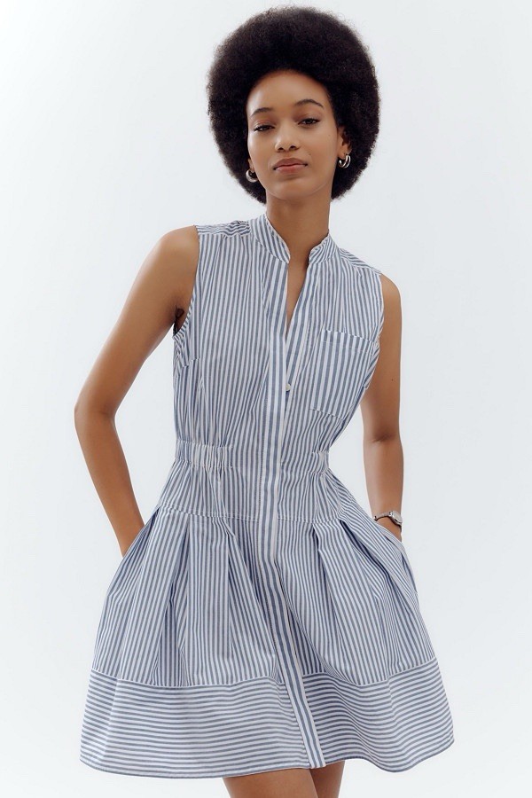 Anthropologie Maeve Blue White Striped Mini Shirt Dress Size XXS
