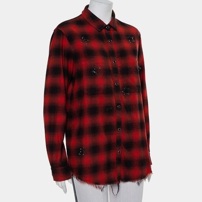 Amiri Red Black Plaided Flannel Crystal Star Embellished Frayed