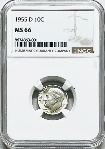1955 D 10C SILVER ROOSEVELT DIME NGC MS66