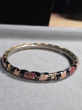 Black Red Peach Cloisonne Enamel Floral Butterfly Bangle Bracelet 7.75"
