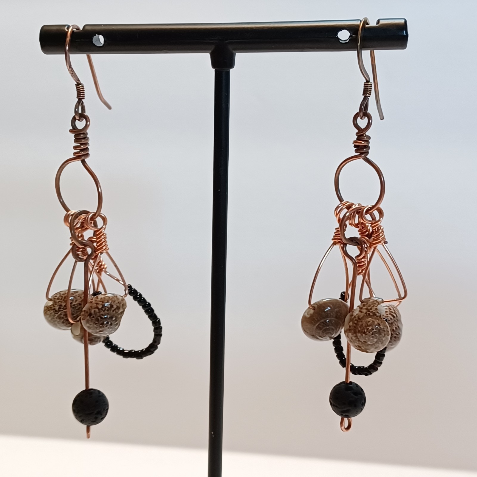 Shell Lava Stone Handmade Beaded Dangle Drop Earr… - image 2