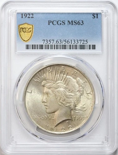 1922 $1 Peace Silver Dollar PCGS MS63 - Lightly Toned - Nice Cartwheel Luster