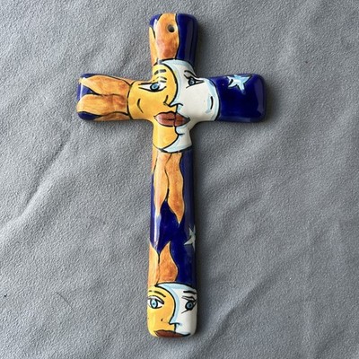 Talavera Pottery Wall Cross Sun & Moon  Hand Painted in Mexico 7.5 x4.5 