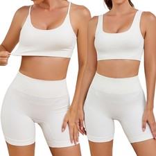 Workout Outfits for Women 3 Piece Seamless Ribbed Crop Tank High Waist Yoga S...