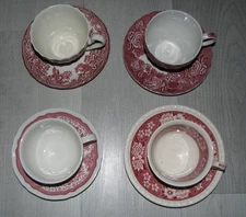 FOUR cup saucer sets red transferware England & Germany Villeroy & Boch Myott