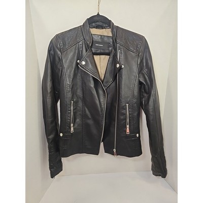 Vero Moda Faux Leather Moto Biker Jacket Black Quilted Zip S Distressed Edge
