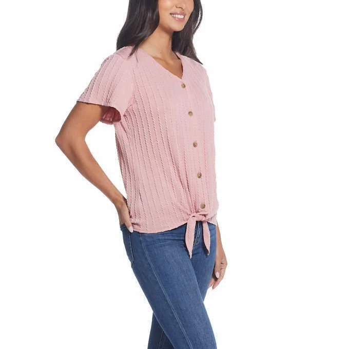 Blusa con botones rosa con corbata frontal vintage resistente a la intemperie para mujer talla XL $60 FLC164 NUEVA CON ETIQUETAS Foto 3 de 4