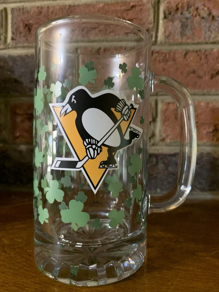 NHL Pittsburgh Penguins RARA edición 6” Hvy. Taza de vidrio * trébol * estampado de trébol usada en excelente estado Foto 2 de 4