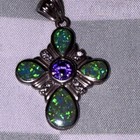 Sterling Silver Cross Pendant Green Pear Opal & Amethyst Bezel Set — photo 1