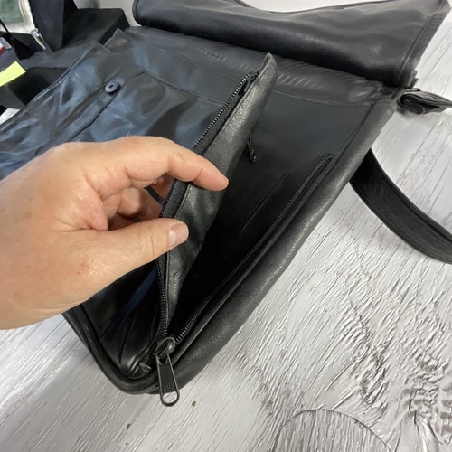 Black Leather Messenger Bag Magnetic Snap Button Close Shoulder Strap - Picture 12 of 24