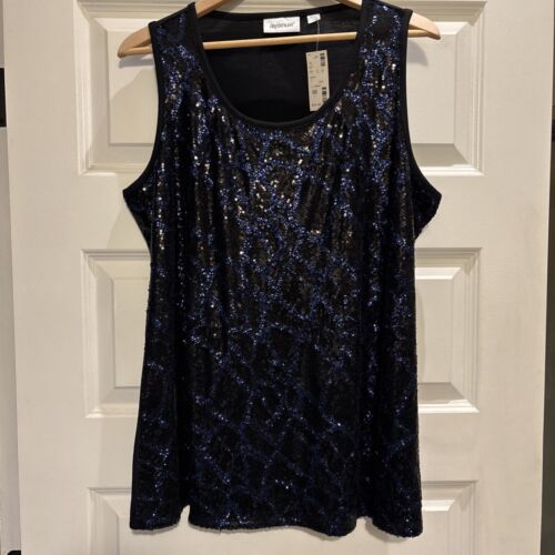 AVENUE WOMENS Black Blue SEQUIN TANK Glitter Faux Snake Skin Print 18/20 NWT
