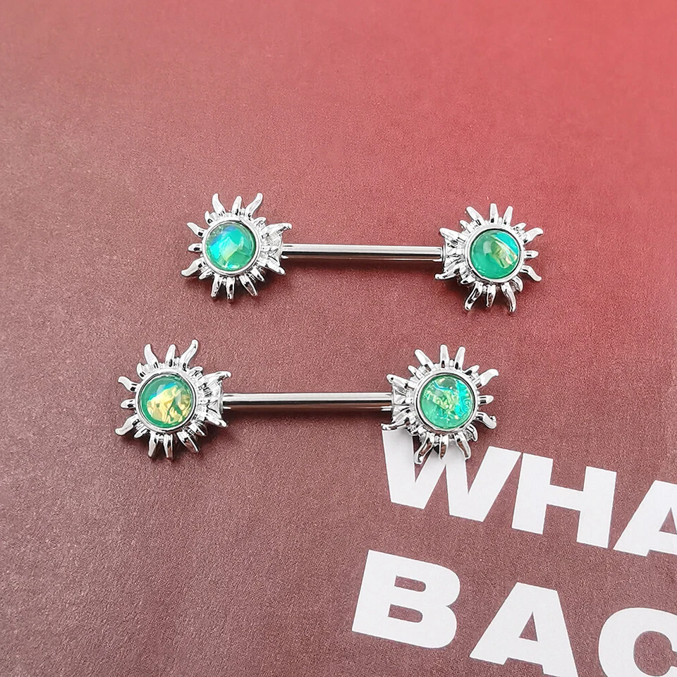 Par de anillos de pezón con barra de acero inoxidable 14G 9/16" para flor solar piercing para pezón Foto 4 de 4