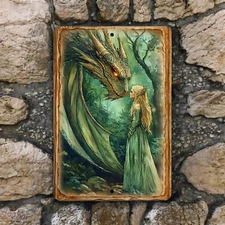 Dragon Metal Sign – Maiden in Forest Wall Decor, Fantasy Art Print, 8x12 Inches