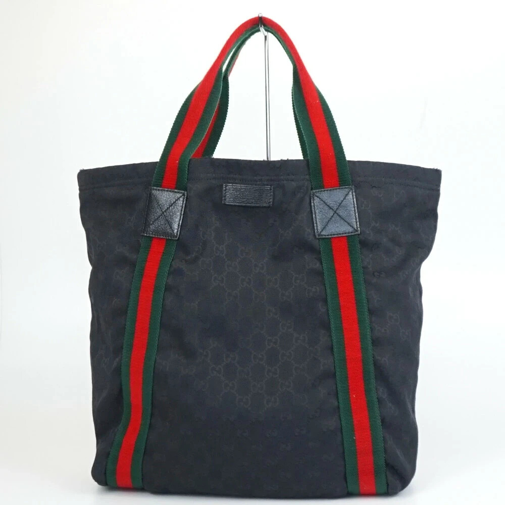 Gucci Shelly Line Tote Bag Black GG Canvas Unisex Handbag Authentic