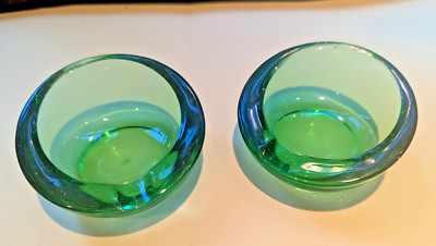 Pair Vintage Viking Glass Ashtray Orb Round Dark Emerald Green Mid Century 3.25''