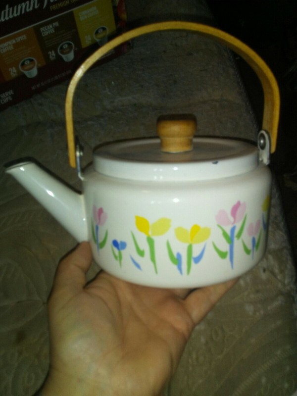 Vintage Floral Metal Teapot with lid Wood Handle and Wood Knob