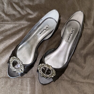 Nina Women’s Peep Toe Silver-Satin/leather Low Wedge Heel w/Crystal Details  8M