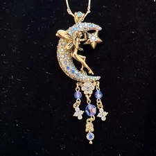 VTG Kirks Folly Necklace Fairy Dancing on Crescent Moon Goldtone 18" NIB