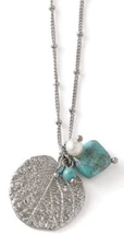 Lia Sophia “Poplar” Silver Leaf w/Freshwater Pearl & Genuine Turquoise Necklace