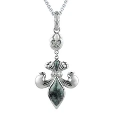 Fleur De Lis Pendant Necklace Stainless Steel with Green Marble
