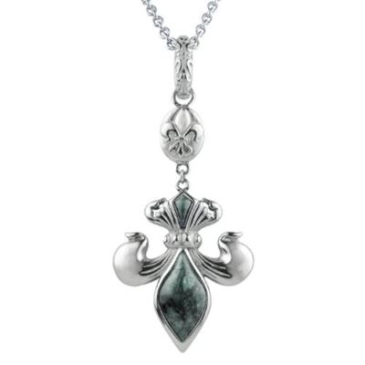 Fleur De Lis Pendant Necklace Stainless Steel with Green Marble By Controse