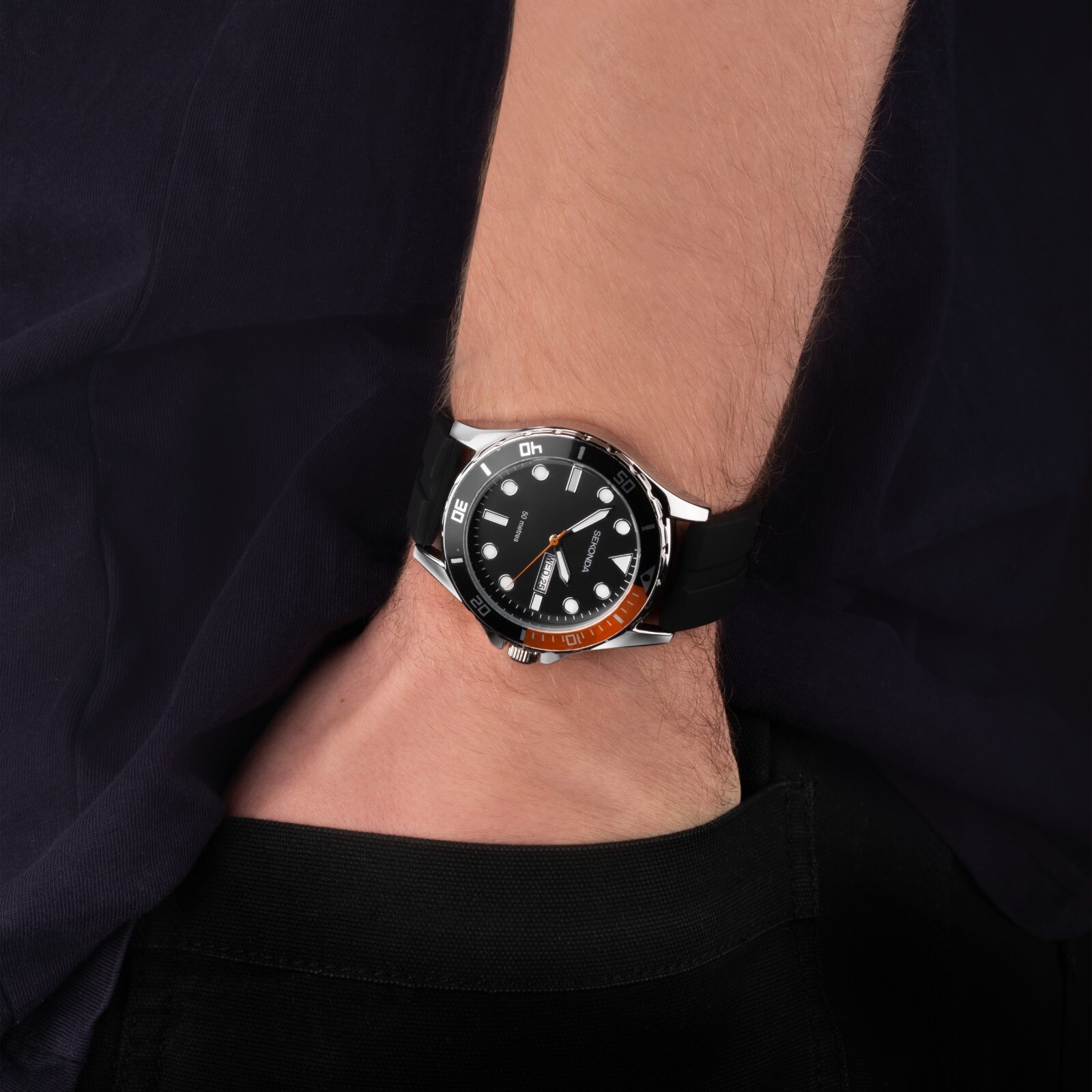 Sekonda Mens Balearic 44mm Black with Rubber Strap Model 30118 RRP £39.99