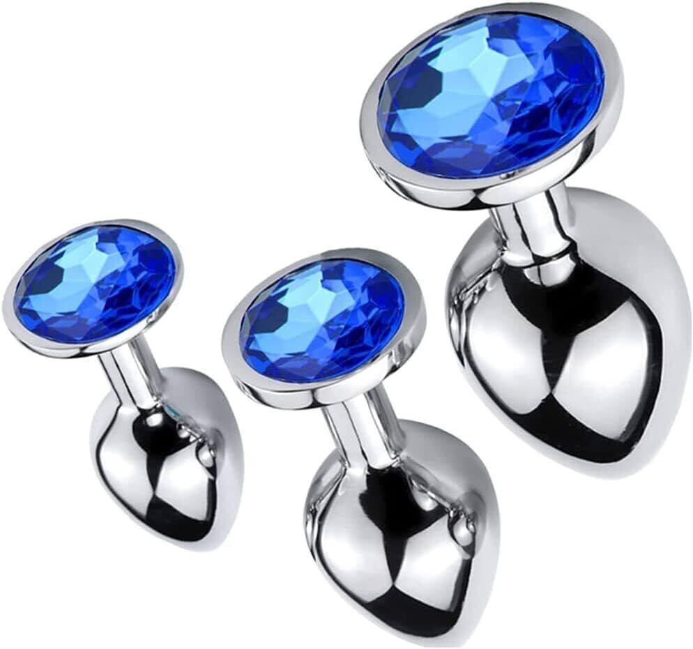 Butt Plug Steel Anal Diamond Crystal Jewelled Best Gift Set 3 Blue S M L