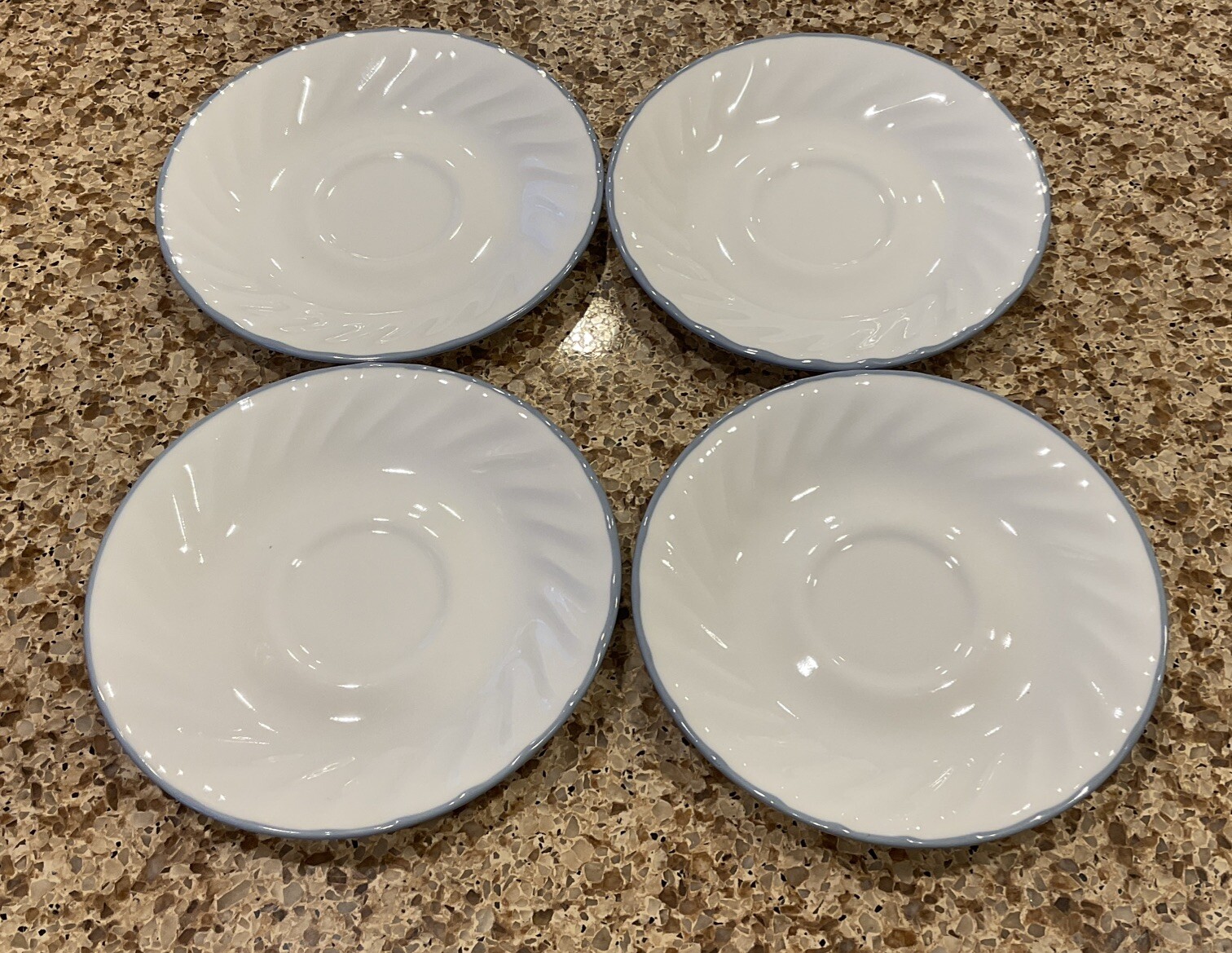 SET OF 4 CORELLE  ENHANCEMENTS SWIRL SAUCERS WITH BLUE TRIM REPLACEMENT PIECES