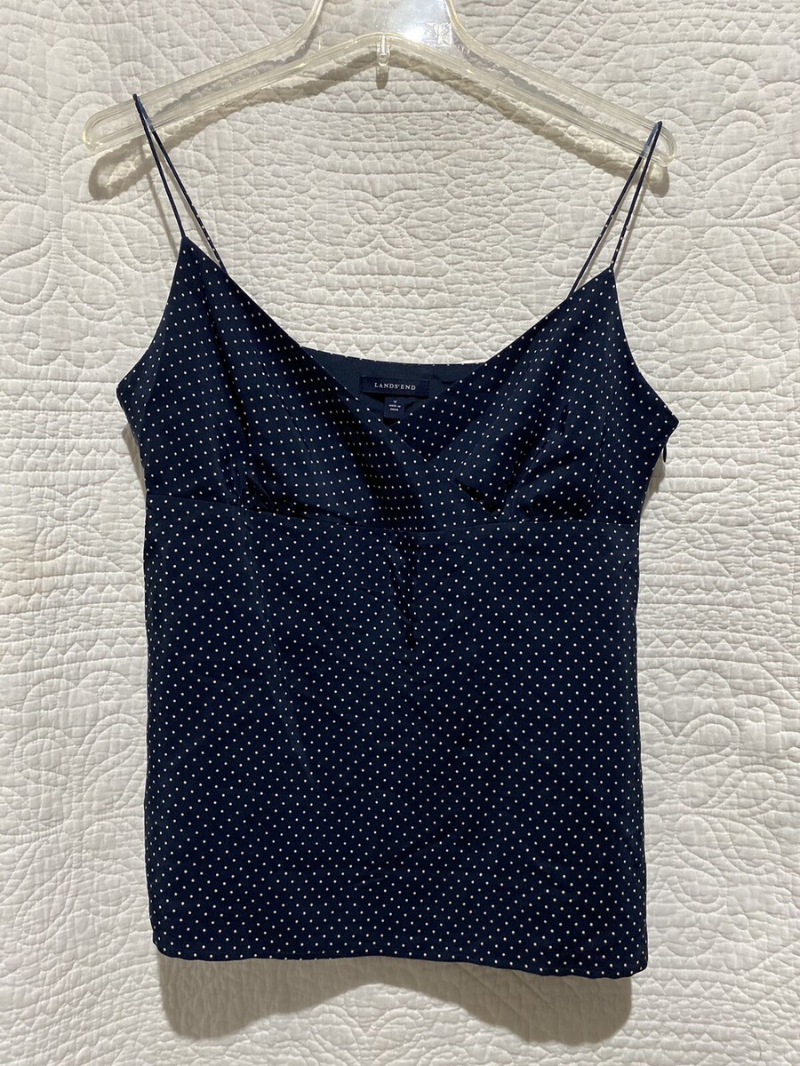 Lands End Navy With Tan Polka Dots Cropped Spaghetti Strap Tank Top Sz 12  Womans