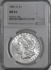 1881-O  $1  MORGAN SILVER DOLLAR  "NEW ORLEANS"  NGC MS63  #8703391-008