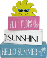 4 Pcs Summer Wooden Sign Decor, Summer Home Table Decor, Human Sunshine Tiered T