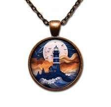Nautical Beacon Lighthouse Shore - Handmade Glass Pendant Necklace