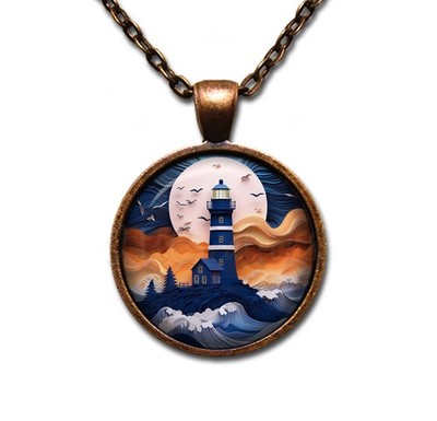 Nautical Beacon Lighthouse Shore - Handmade Glass Pendant Necklace