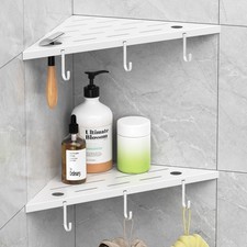 2pk White 10" Stainless Steel Corner Shower Shelves with Hooks for Tiled Wall