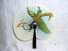 Vintage Chinese Hand Fan Black Metal Handle Rice Paper Peacock Design 1 F-2
