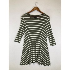 Boho Poof! Women Small Olive Green White Striped 3/4 Sleeve Babydoll Tunic Dress
