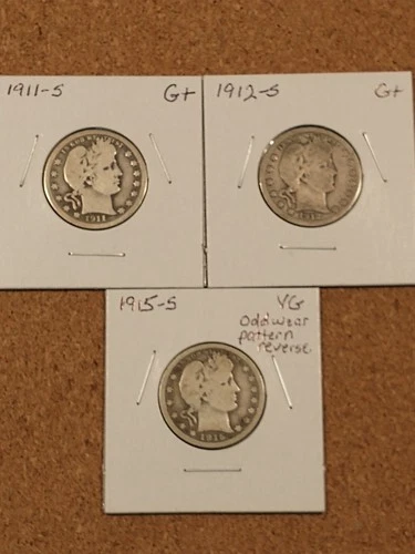 1911-S, 1912-S & 1915-S Silver Barber Quarters, G+/VG (1915-S Mint Error?)