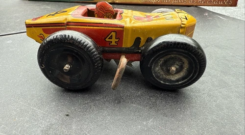 1930s Marx Tin Wind Up Racer #4 Race Car w/ Metal Wheels Estate Find Sold As Is