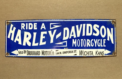 VINTAGE RIDE A HARLEY-DAVIDSON MOTORCYCLE PORCELAIN GASOLINE GAS MOTOR OIL SIGN