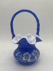 Fenton Blue Glass Basket Hand Painted Flowers Legacy 95th Anniversary Signed