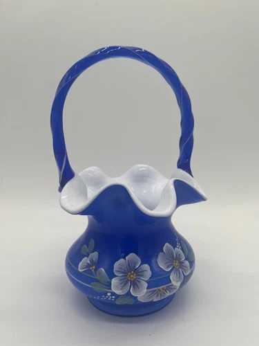 Fenton Blue Glass Basket Hand Painted Flowers Legacy 95th Anniversary Signed