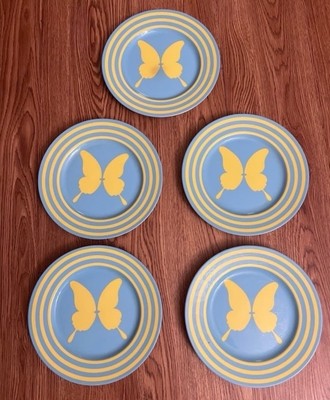 5 Rare Fitz and Floyd Papillon Yellow On Blue Butterfly Plates