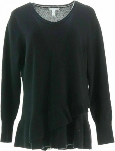 Isaac Mizrahi Live! 2-Ply Cashmere V-Neck Ruffle Peplum Sweater, Black, M - Picture 7 of 12