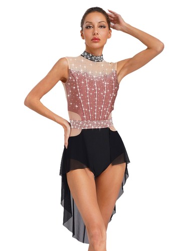 Women High Low Dancewear Ice Skating Dress Shiny Stretchy Skirts for Ballroom - Picture 92 of 162
