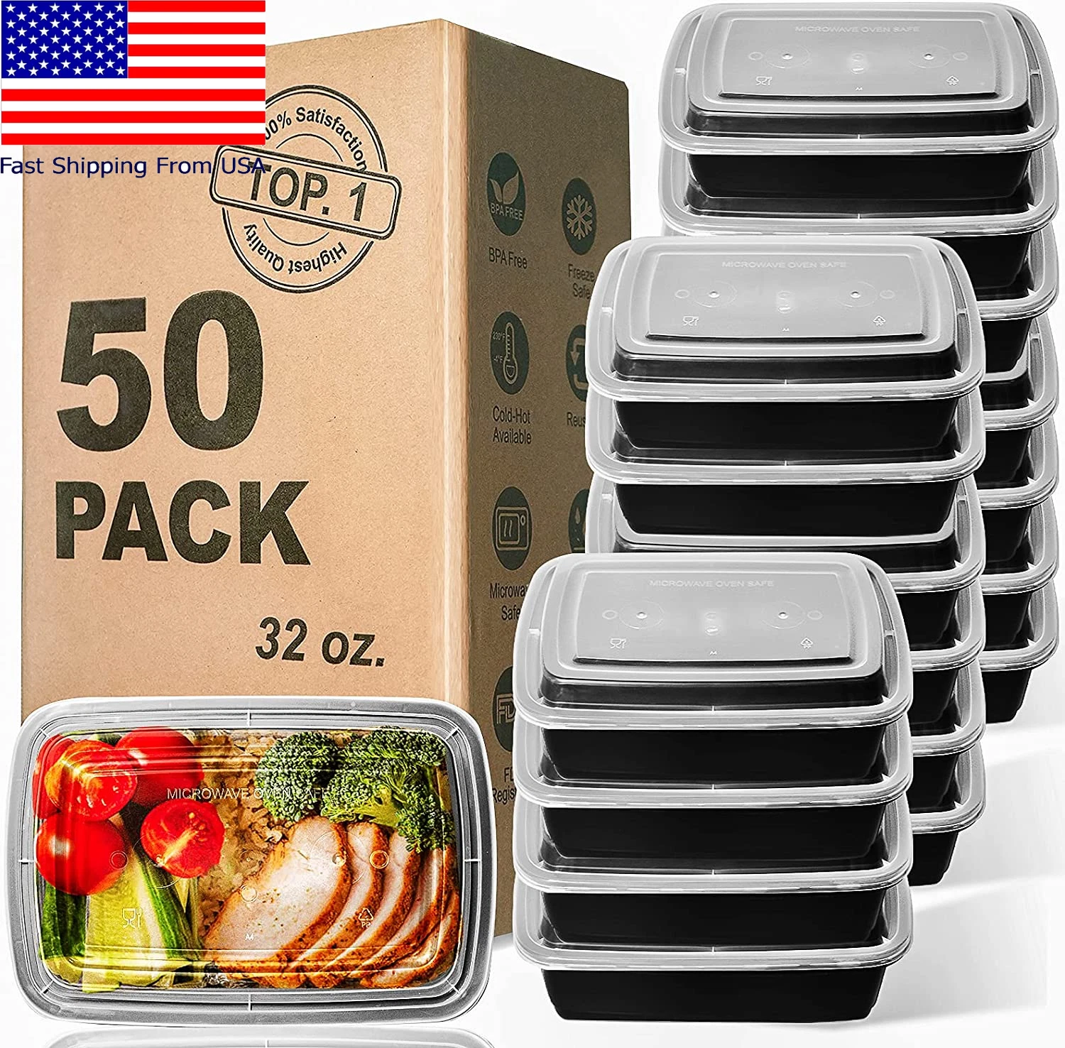 50 PCs Extra-Thick Food Storage Containers with Lids Plastic Meal Prep Container