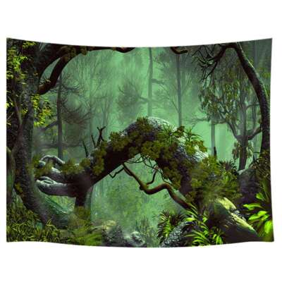 Tapis Mural Jungle Verte Grand Format - Tissage Polyester, Style Bohème, Lavable