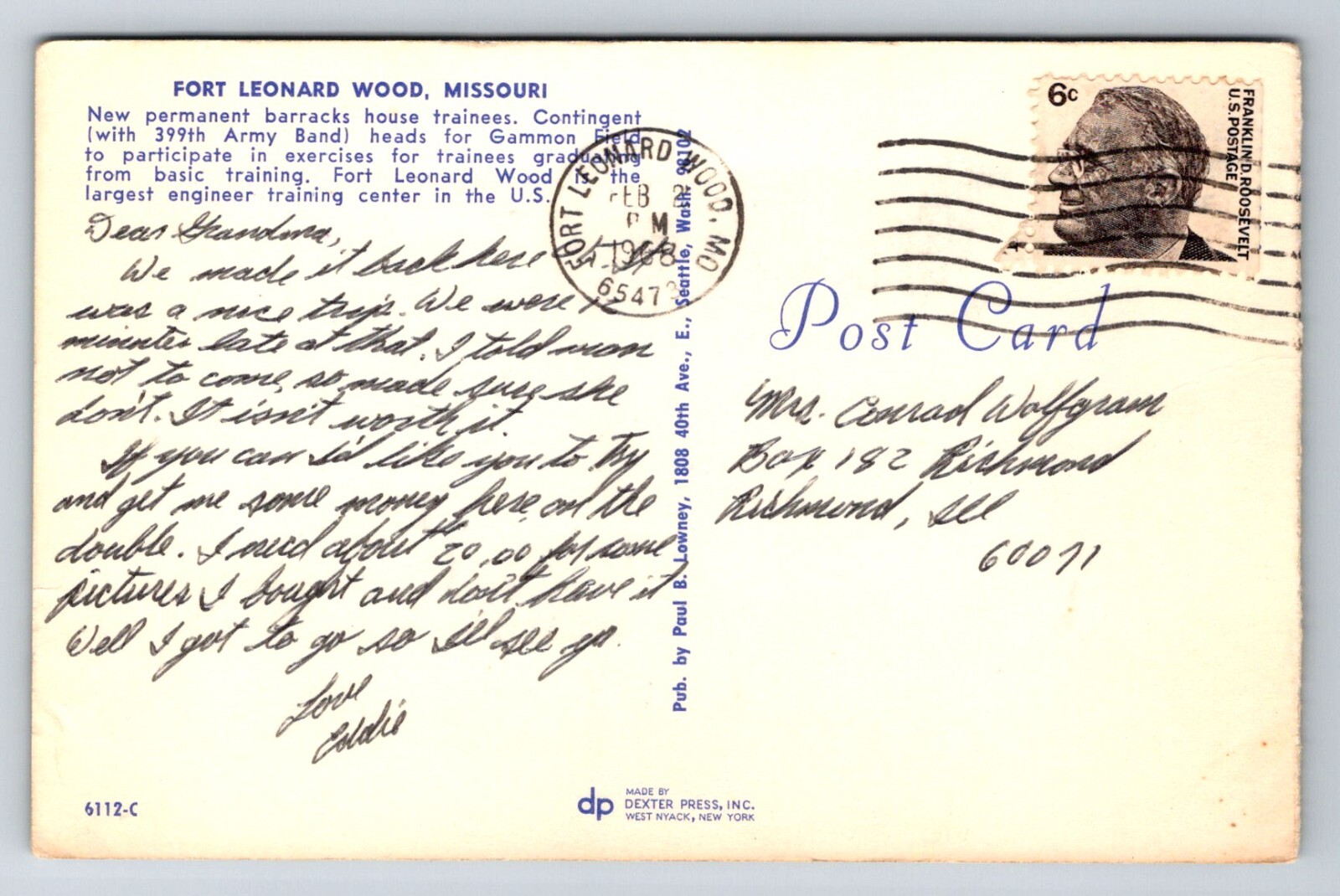 Postcard Missouri Fort Leonard Wood Greetings Soldiers Army Band 1968